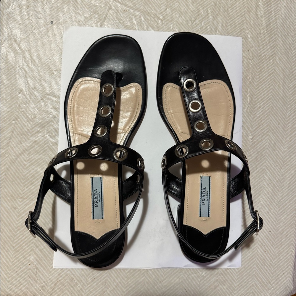 Prada Black and Cream T-Strap Sandals